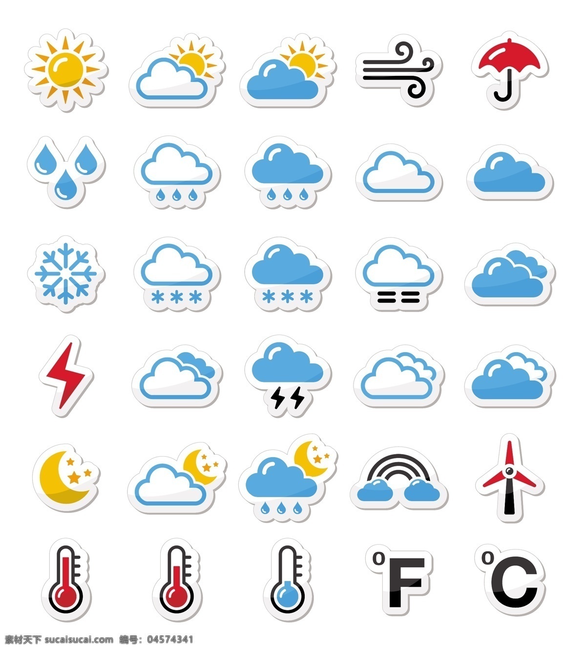 天气图标 天气 天气预报 闪电 晴 阴 云彩 多云 温度 太阳 雨水 雪花 矢量 标志图标 网页小图标
