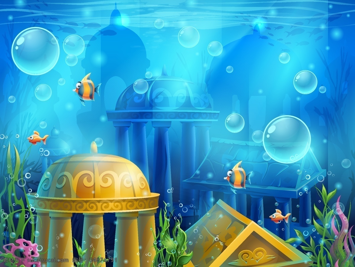水底 金色 建筑设计 城堡 背景 矢量 建筑 水底生活 金色建筑 水底海报背景
