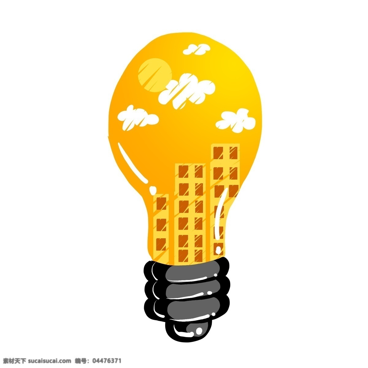 高楼 装饰 灯泡 插画 黄色的楼房 黄色的灯泡 日光云朵创意 黑色的灯柄 立体灯泡插画 照明的工具
