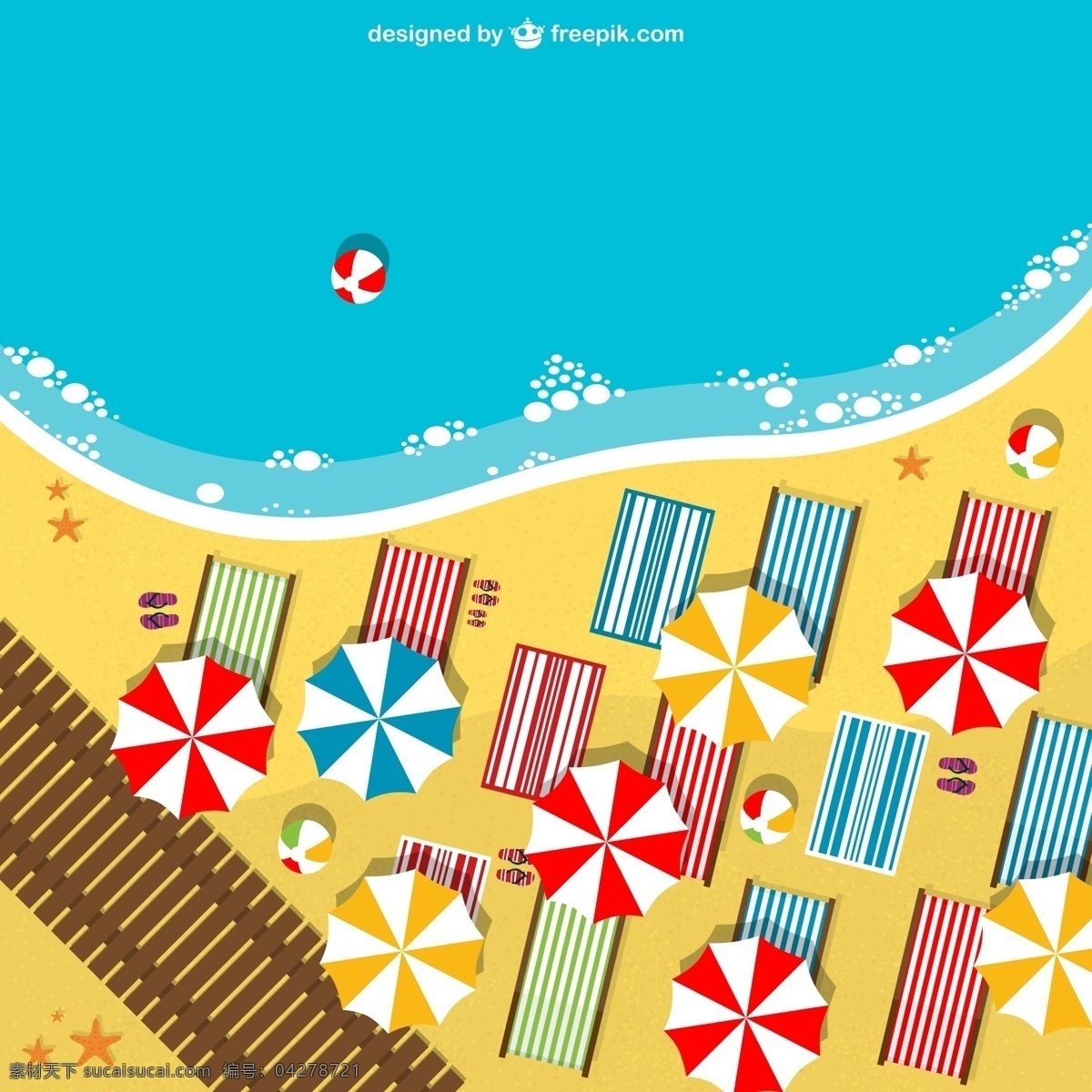 夏季 沙滩 俯视图 大海 遮阳伞 躺椅 海星 矢量 高清图片