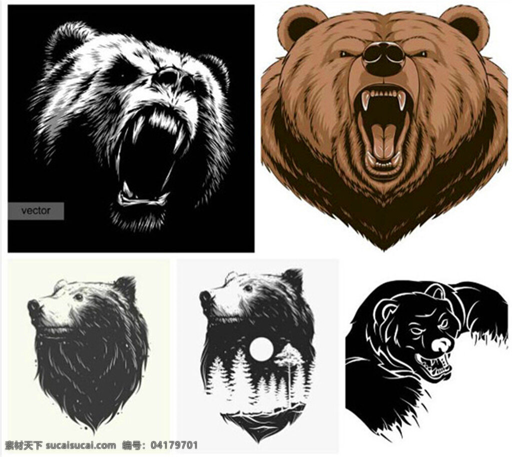 黑白 熊 头 图案 矢量素材 矢量图 设计素材 创意设计 熊头 凶狠 猛兽 动物 棕熊