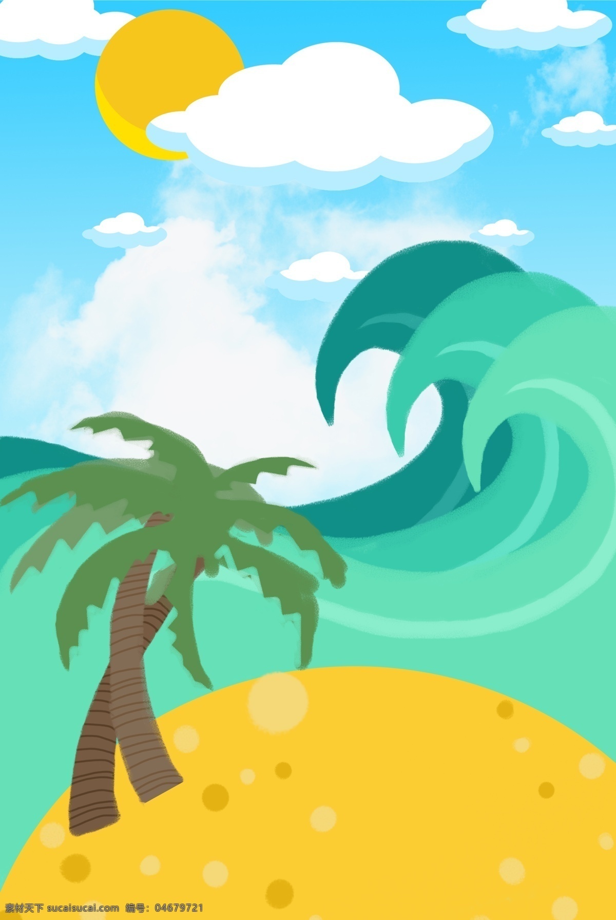 唯美海浪背景 海浪 凉爽的 椰子树 美丽的 遮阳篷 假日 卡通 夏天 太阳 夏天海边 沙滩 度假