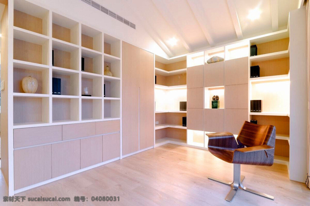 简约 书房 椅子 装修 效果图 白色灯光 浅色木地板 置物柜