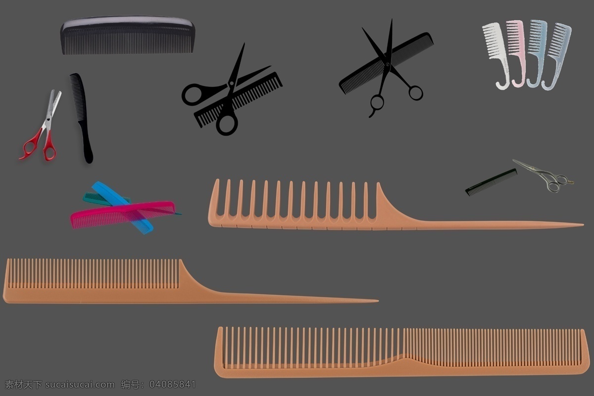 桃木梳 理发店 剪刀 梳头发 塑料梳子 剪头发 发艺 美发 美容美发 透明素材 png抠图 分层