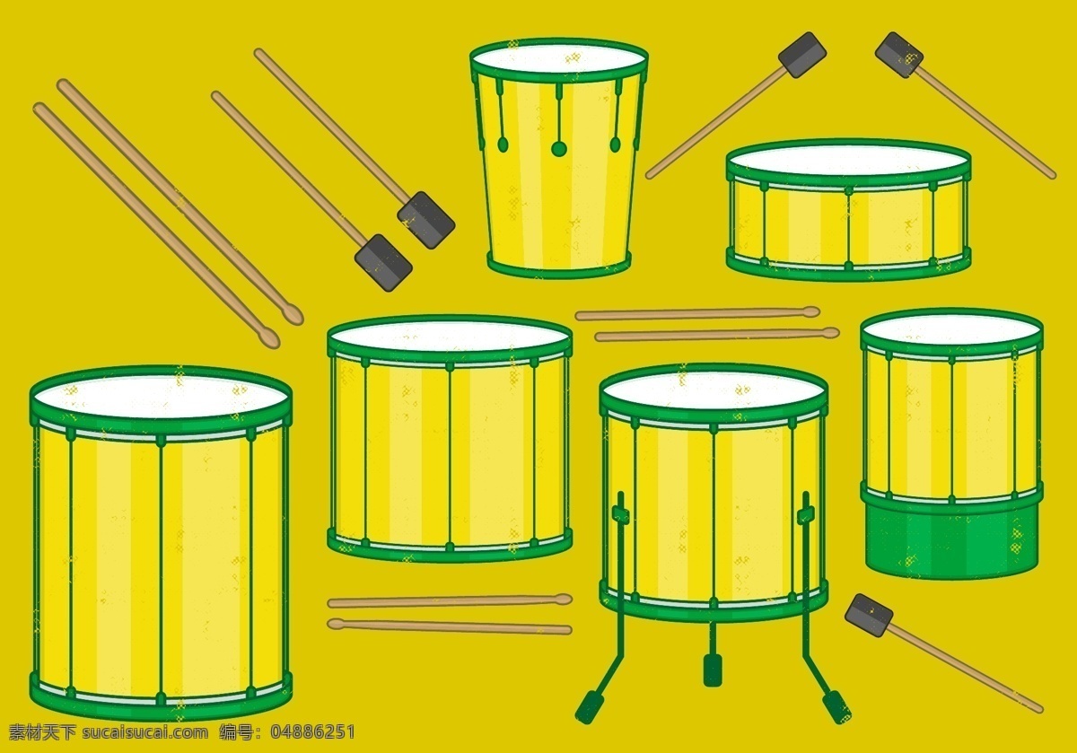 卡通 矢量 鼓 元素 黄色的鼓 乐器 敲打 音乐