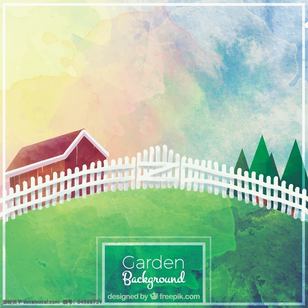 水彩 风景 背景 房子 脸 花卉 手工 自然 绿化 园林 树木 植物 围栏 园艺 种植 艺术 生长 绿色