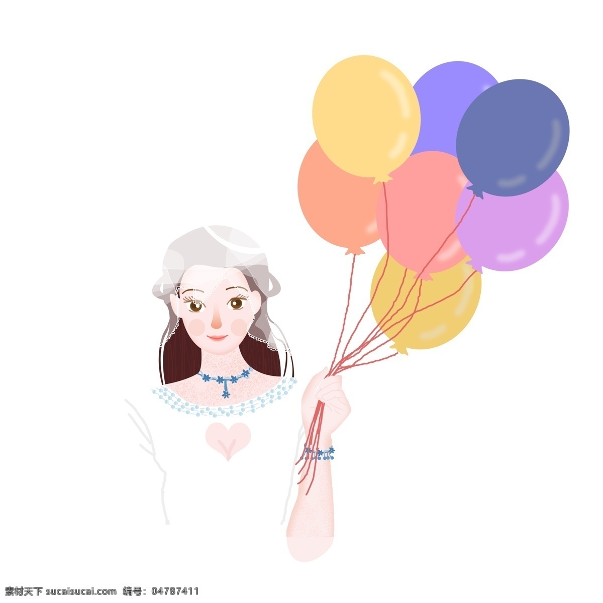 唯美 清新 气球 新娘 商用 元素 婚纱 少女 头纱 婚礼季 插画设计 手绘设计