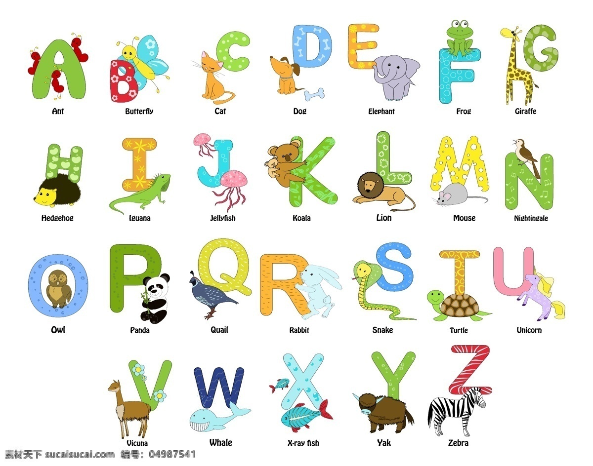 卡通动物字母 儿童字母 字母 卡通动物 卡通字母 可爱字母 字母素材 字母主题 儿童识字 书画文字 文化艺术 矢量素材 白色