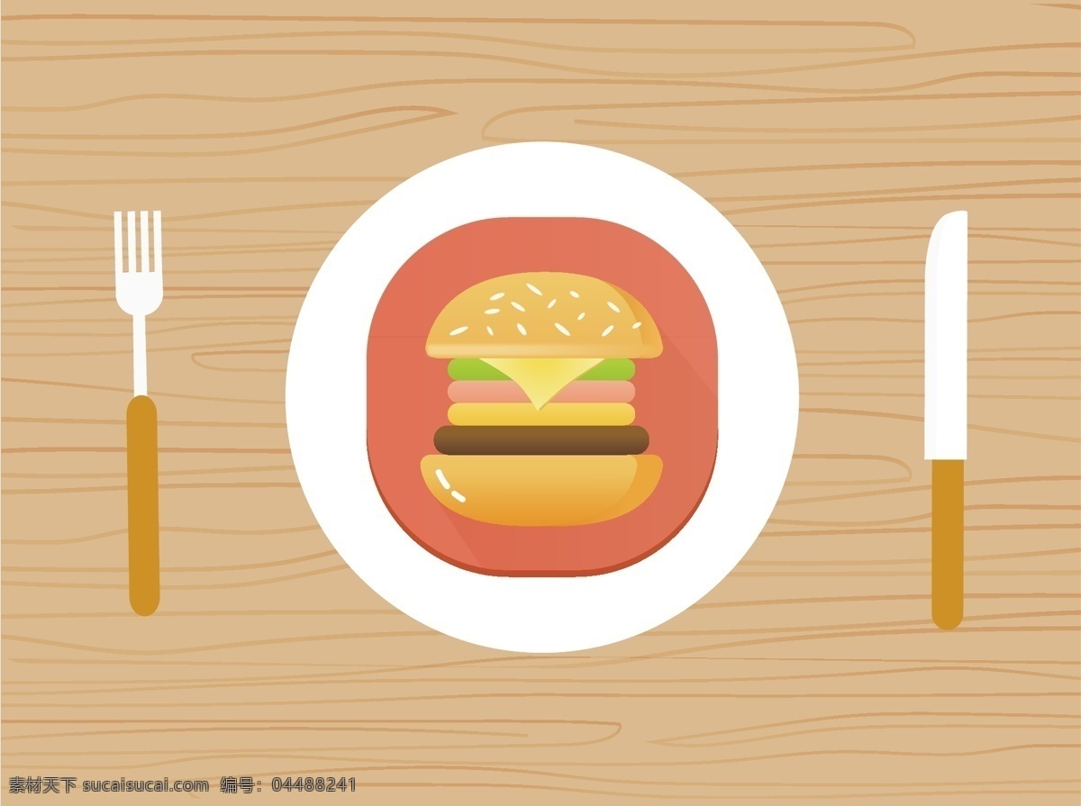 汉堡 图标 卡通 矢量 扁平 餐饮 商业 刀叉 盘子