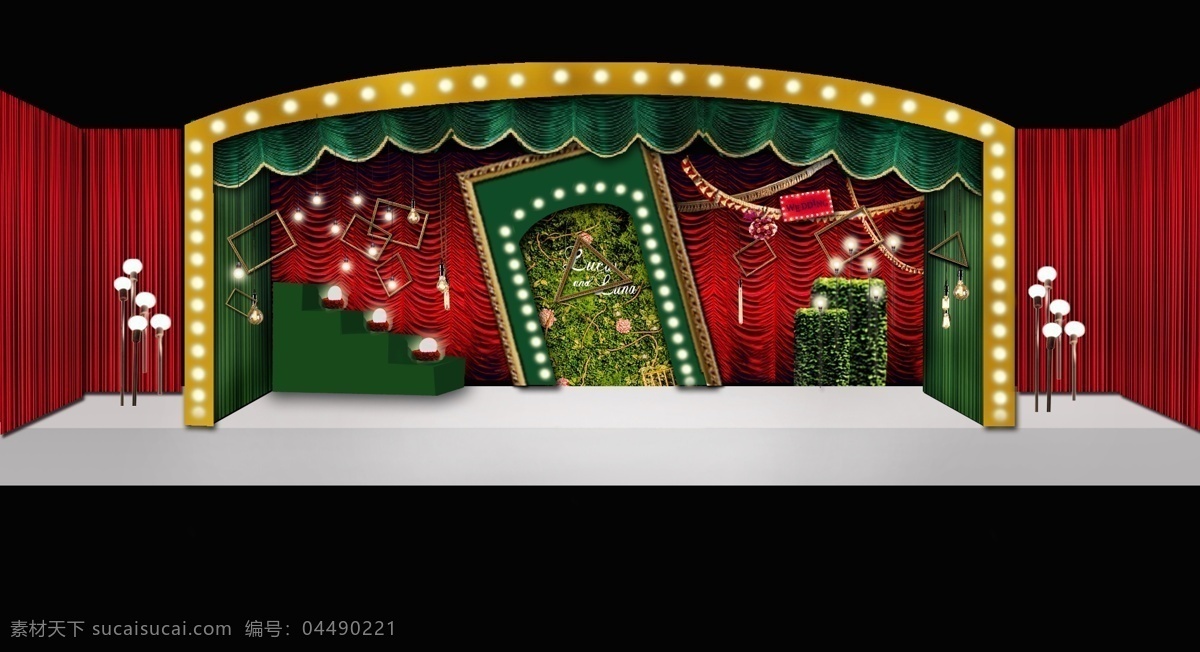 绿色 复古 奢华 婚礼 合影 区 迎宾区 ps 分层 韩式婚礼 植物 墙 背景 韩式 效果图 金色 灯泡 红
