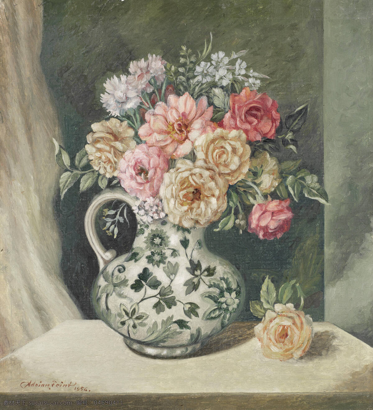 静物鲜花 混搭鲜花 花纹花瓶 白色窗帘 台子 20世纪油画 油画 绘画书法 文化艺术