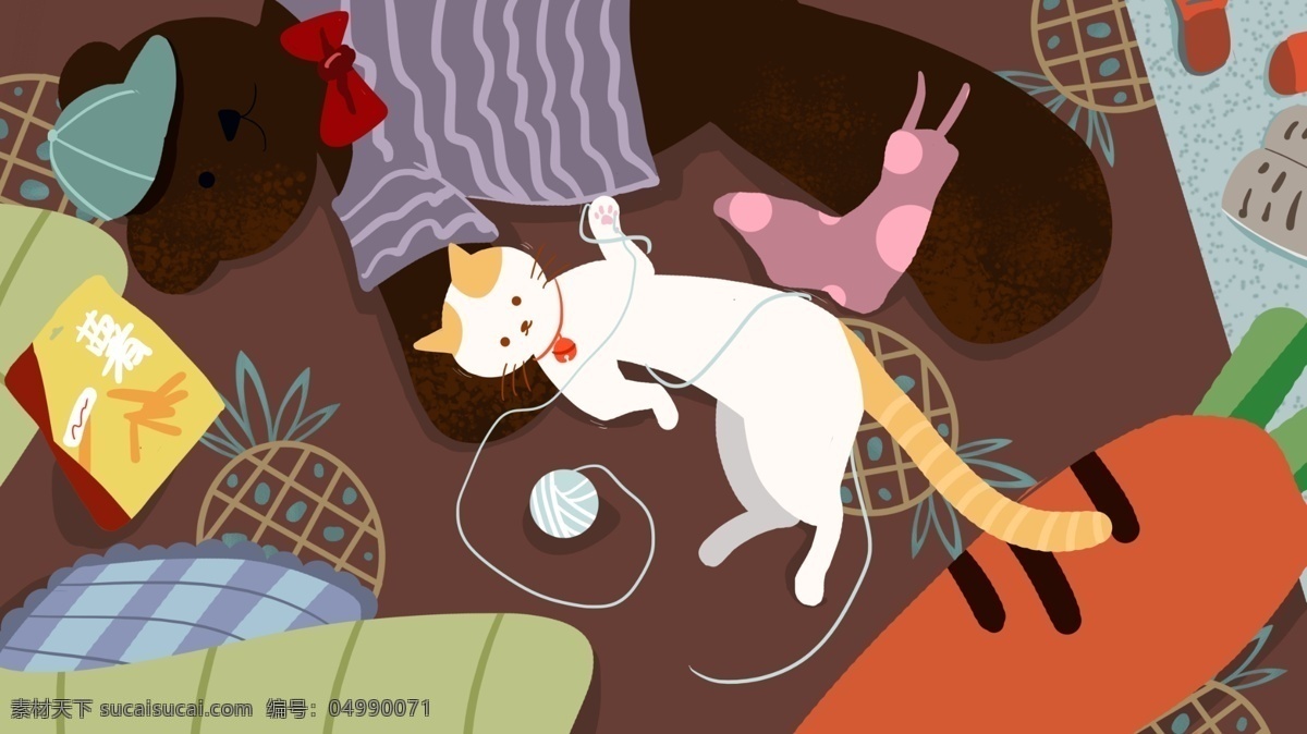 萌 宠 系列 可爱 猫咪 床上 玩 毛线 球 卡通 插画 猫 小清新 壁纸 萌宠系列 宠物 床 毛线球 熊 玩偶 生活 居家