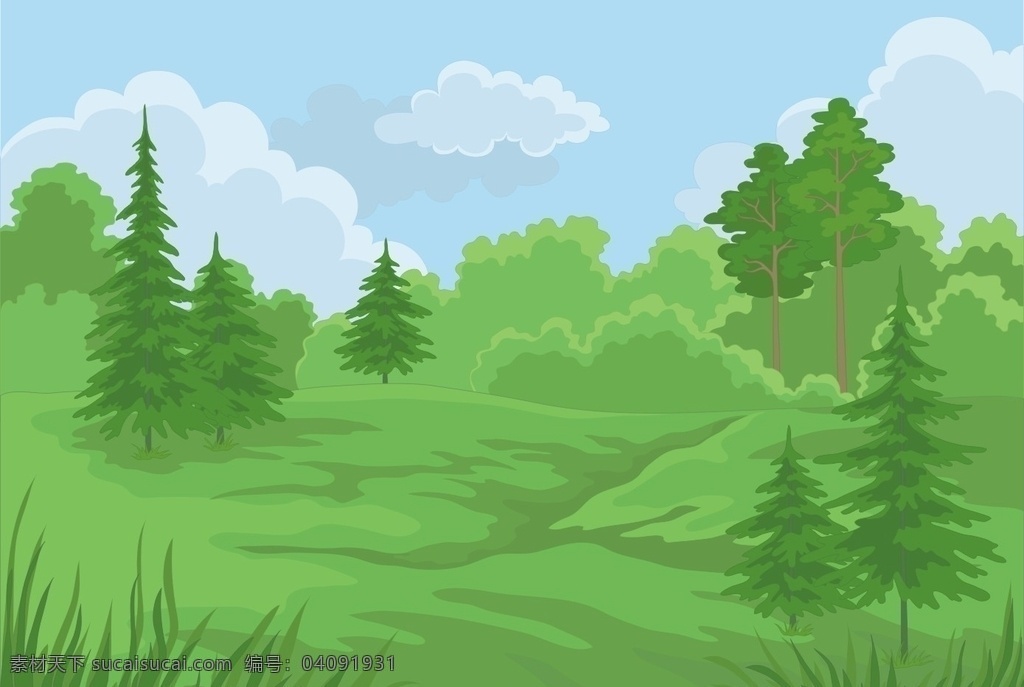 卡通森林 矢量图 绿树 青山 树林 蓝天白云 草坡 草坪 矢量风景图 插画景色 卡通