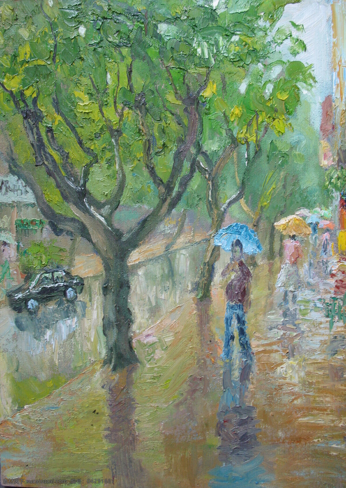 街景 油画 大树 绘画书法 街景油画 文化艺术 雨景 撑伞 家居装饰素材