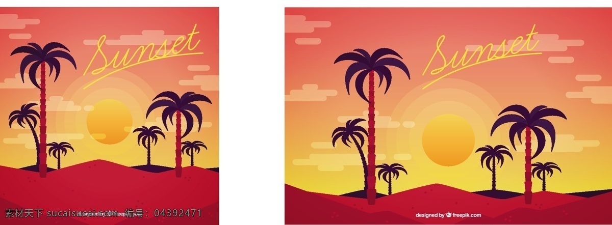 日落 背景 装饰 棕榈树 树 夏天 树叶 自然 色彩 热带 平 植物 多彩的背景 树木 环境 平面设计 自然背景 棕榈