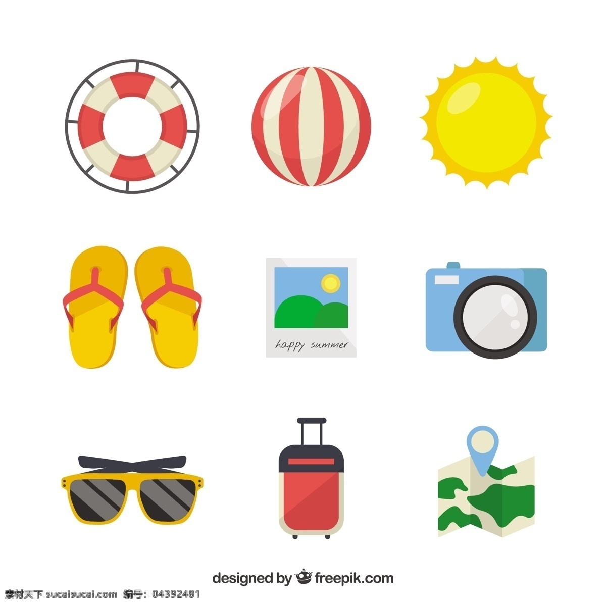 平面设计 中 夏季 对象 地图 相机 海洋 海滩 阳光 色彩 度假 公寓 球 太阳镜 元素 手提箱 夏季海滩 季节 物体