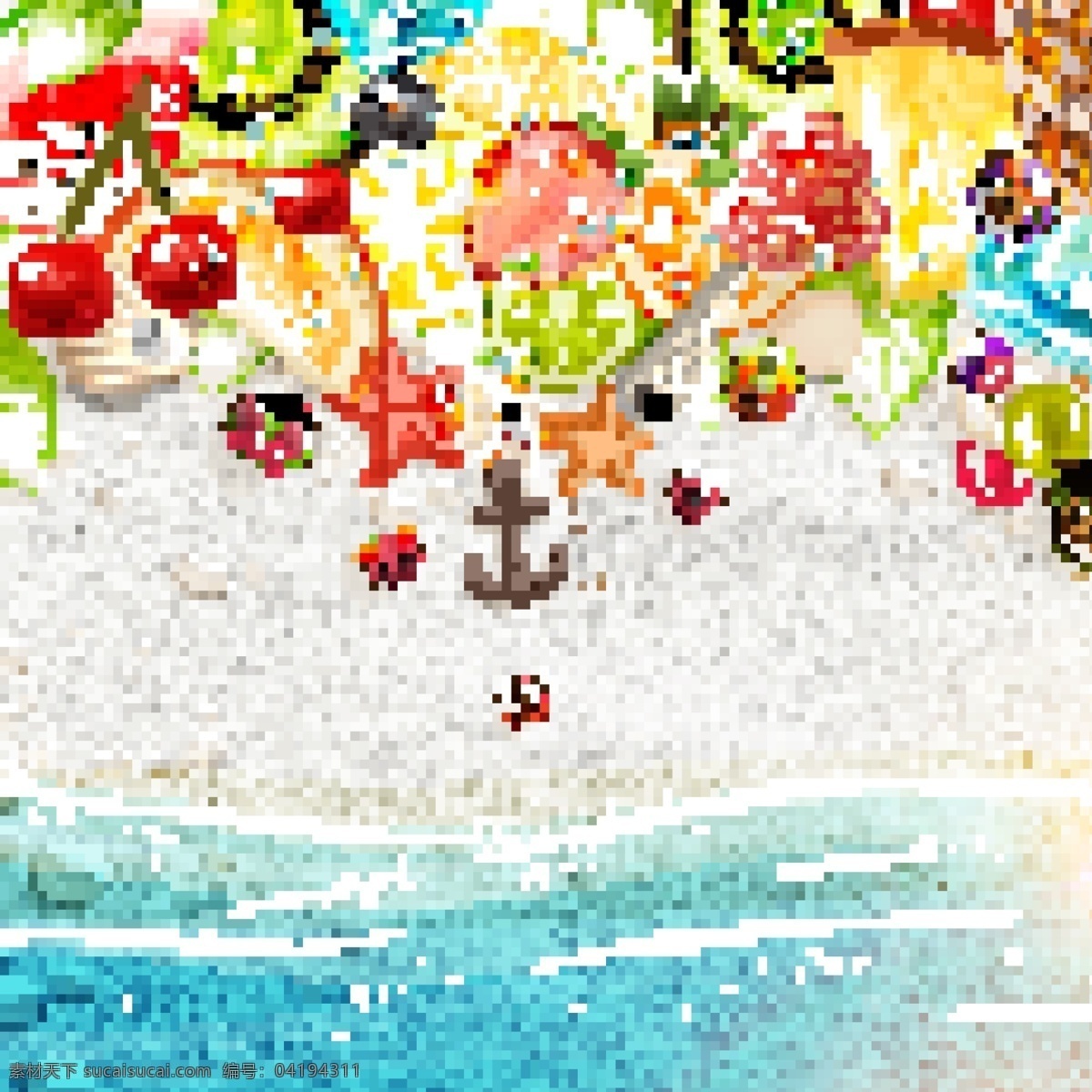 夏日 沙滩 宣传 海报 设计素材 矢量 背景 花纹 梦幻唯美 展示牌 水果 草莓 菠萝 橘子 橙子 海星 底纹边框 背景底纹