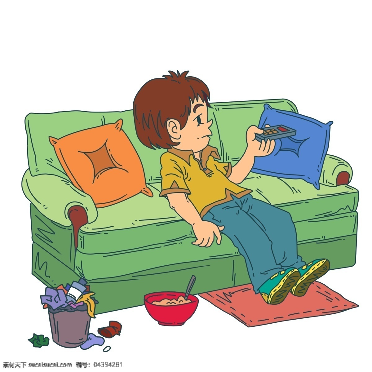 宅 在家 看 电视 男孩 红色的碗 绿色的沙发 家具沙发 男 人物 手绘 插画 黄色的靠背 咖色的垃圾桶