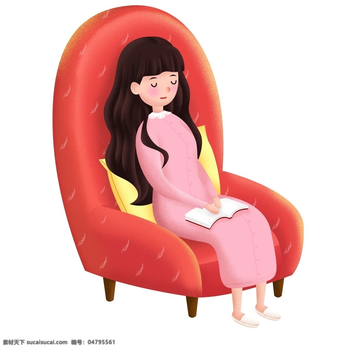手绘 可爱 坐在 沙发 上 打瞌睡 女孩 卡通 插画 少女 清新 人物设计