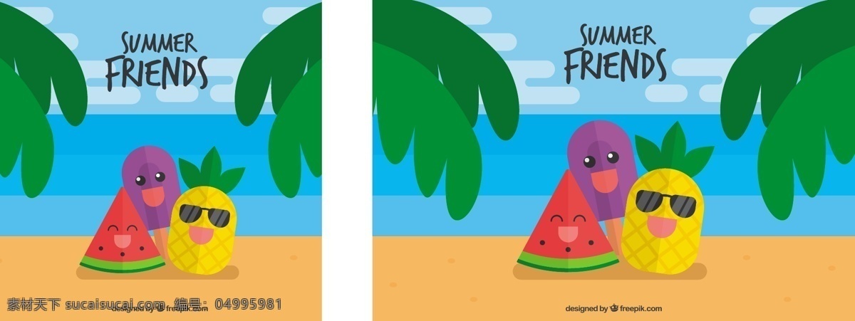 梦幻 般 夏日 背景 有三个角色 树 夏天 性格 海 海滩 色彩 冰淇淋 快乐 假日 愉快的假期 平坦 冰 多彩的背景 棕榈树 平面设计 有趣 菠萝