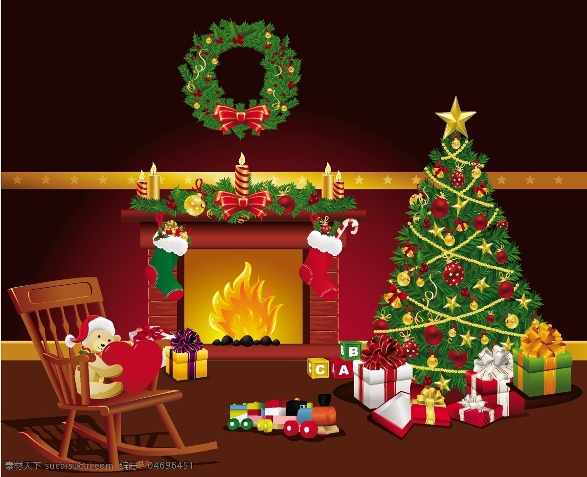 圣诞 壁炉 花环 矢量 火焰 圣诞树 圣诞壁炉 节日素材 其他节日