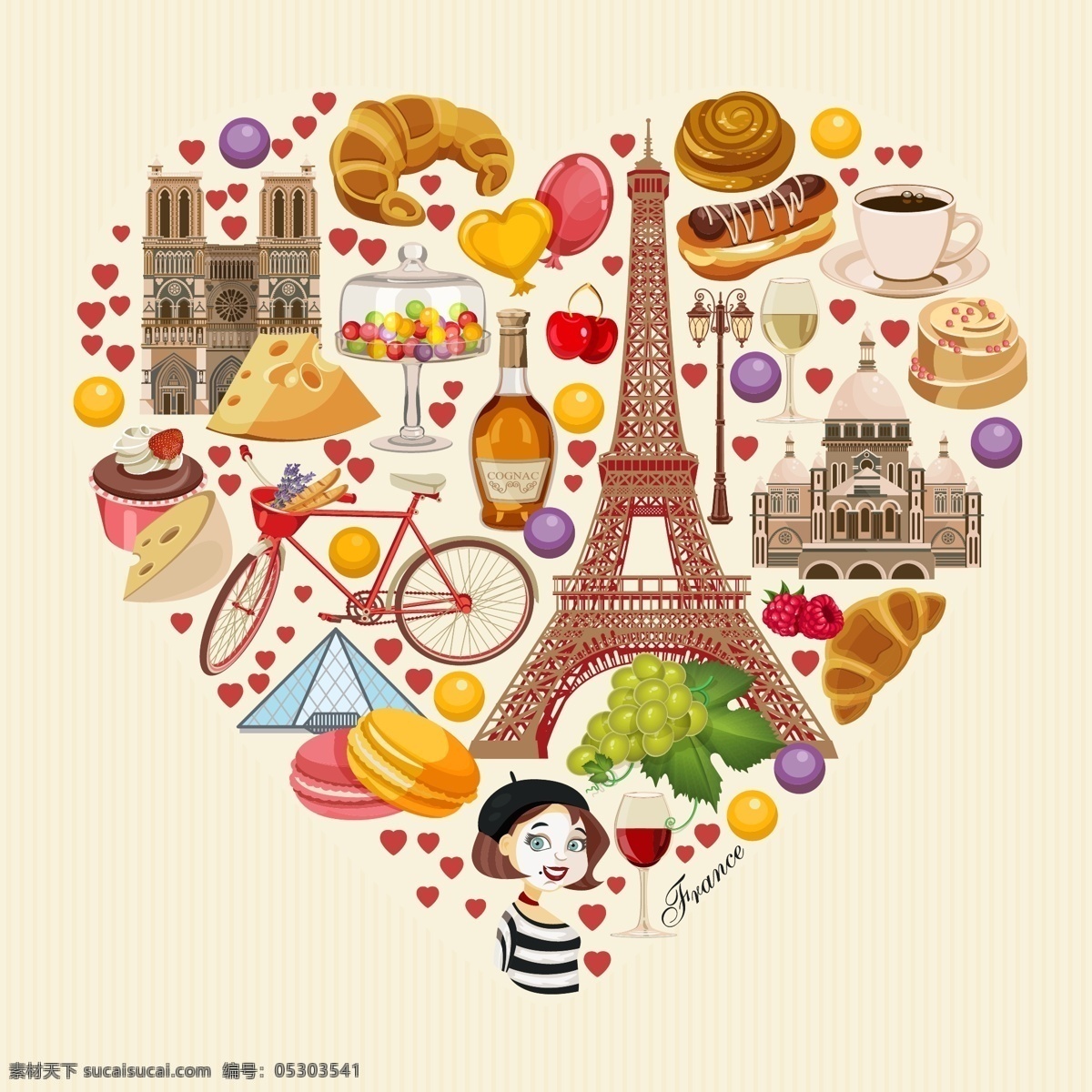 创意 手绘 巴黎 建筑 美食 插画 城市 咖啡 浪漫 旅行 面包 人物