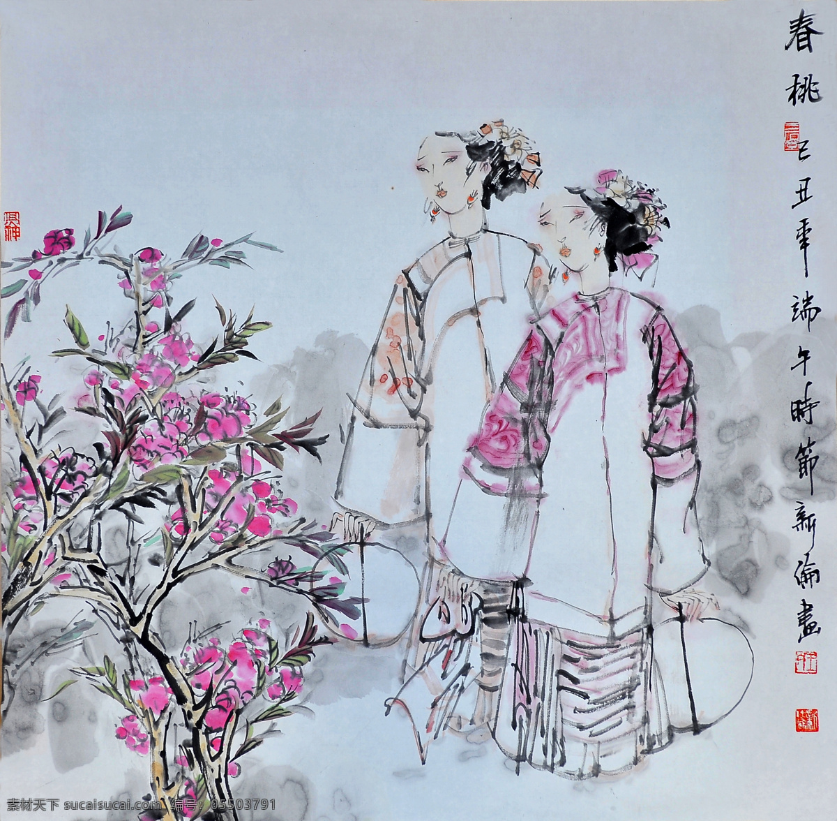 春桃 人物画 中国画 设计素材 人物画篇 中国画篇 书画美术 灰色