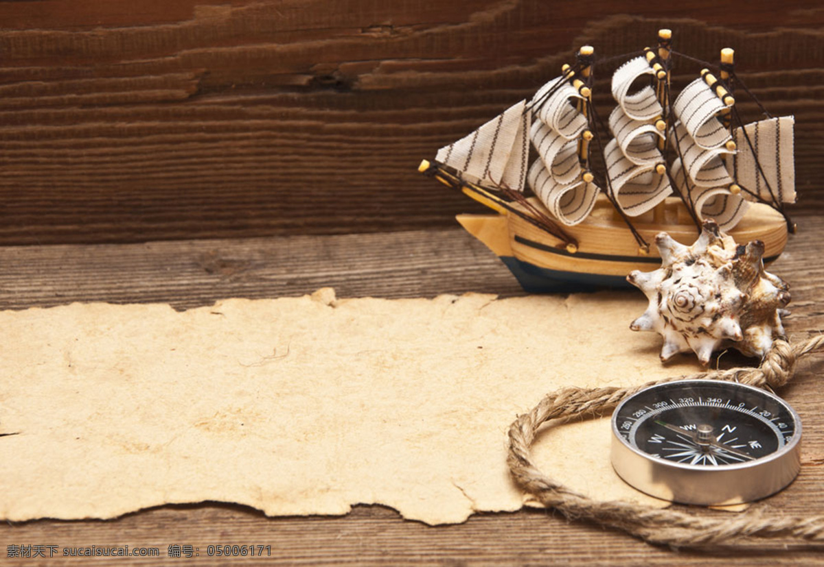 怀旧 航海 旅行 用品 木纹 木板 放大镜 指南针 牛皮纸 帆船 绳子 海螺 古典 黑色