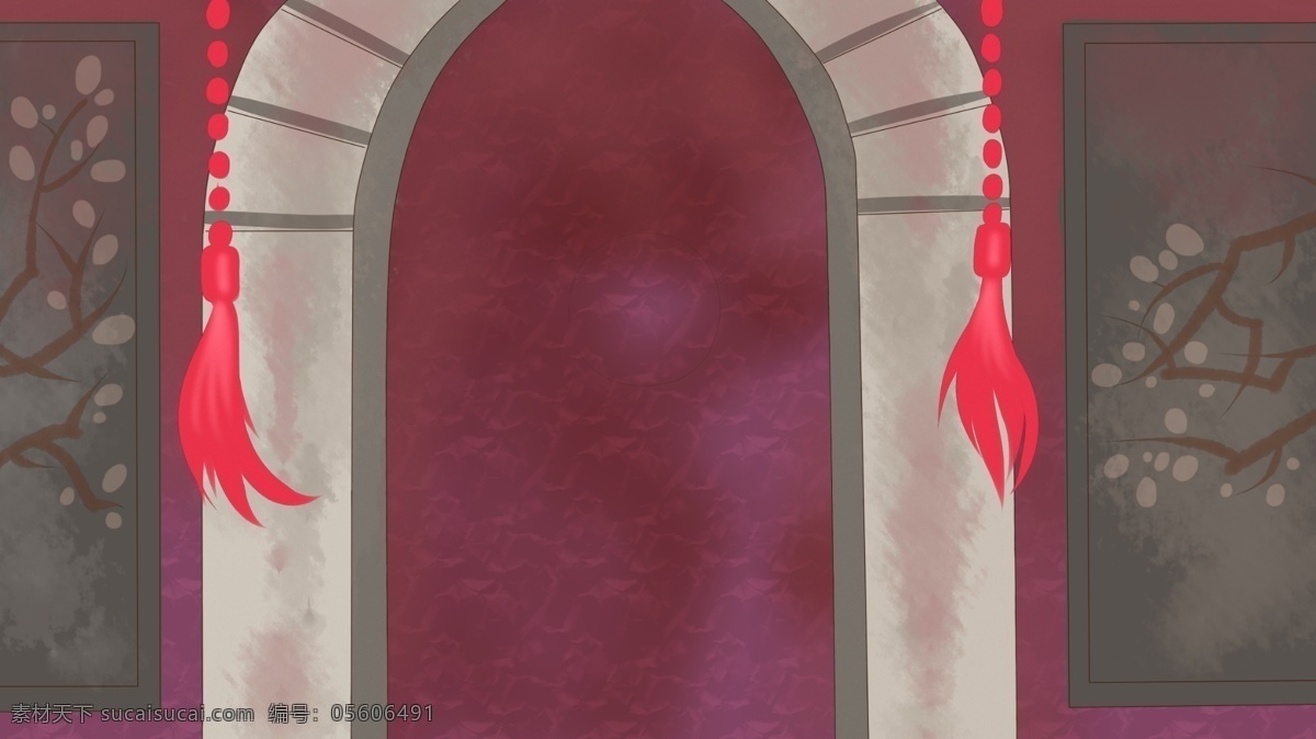 古代 拱形 门洞 红色 流苏 装饰 背景