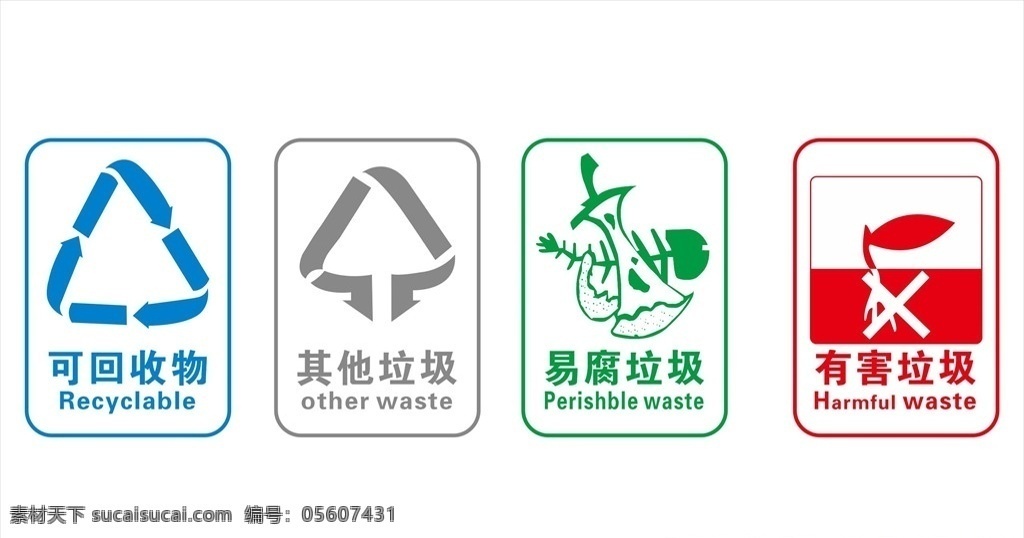 可回收垃圾 干垃圾 湿垃圾 有害垃圾 扁平化 垃圾分类图 小图标 图标 垃圾图标 厨余垃圾 其他素材
