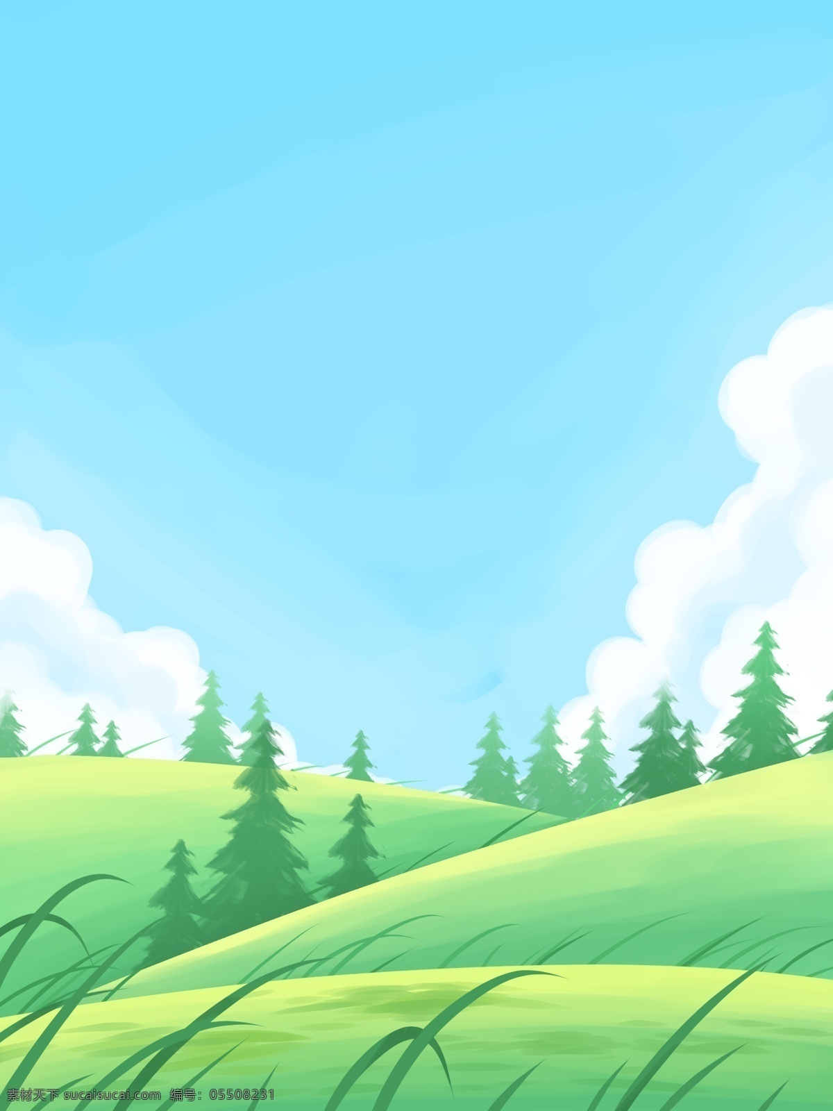 手绘 清新 草地 树林 背景 夏天 绿色 蓝天 白云 彩绘背景 背景展板 特邀背景 背景展板图 背景图