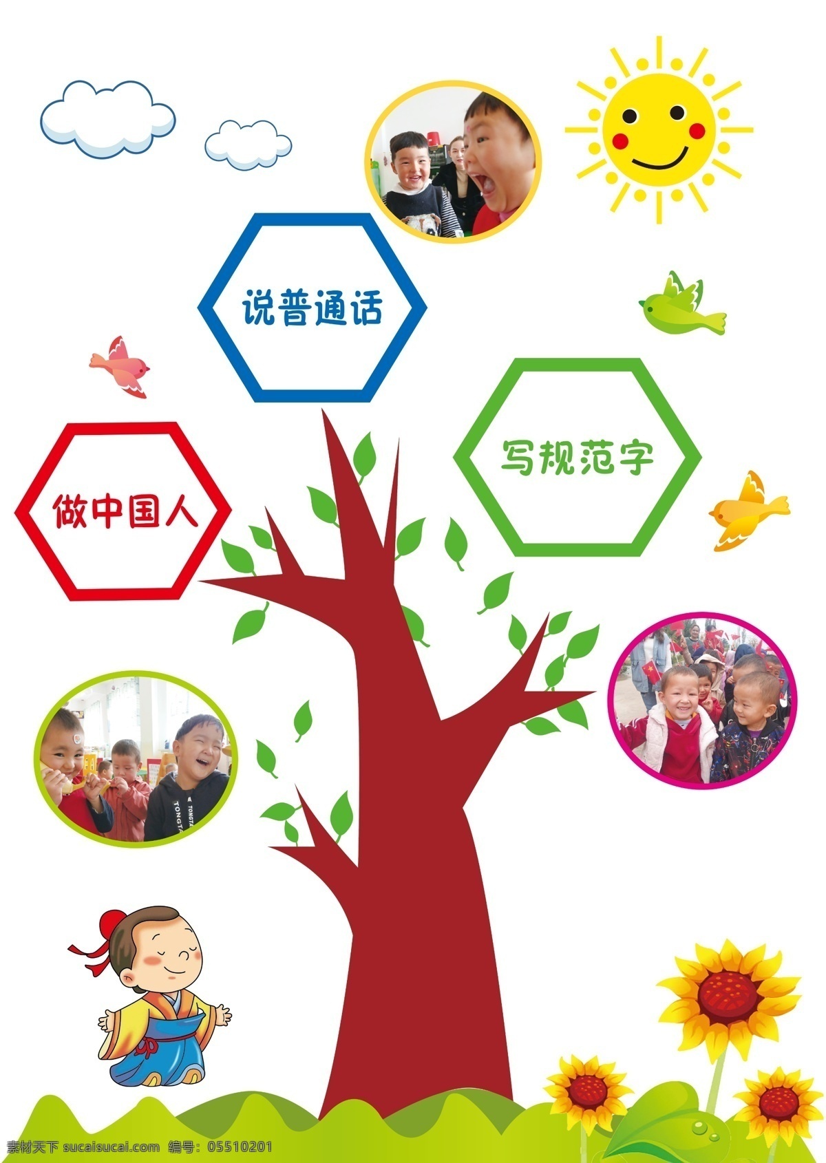 幼儿园墙体 幼儿园文化墙 卡通造型卡通 树做中国人说 普通话写规范 字白云小鸟古 代卡通小孩 墙体造型 分层