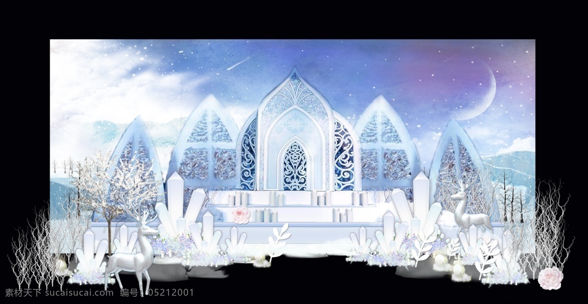 冰雪 世界 蓝色 婚礼 效果图 冰雪奇缘 冰雪世界 蓝色婚礼 冰雪背景 龙柳 宫殿 鹿 冰柱