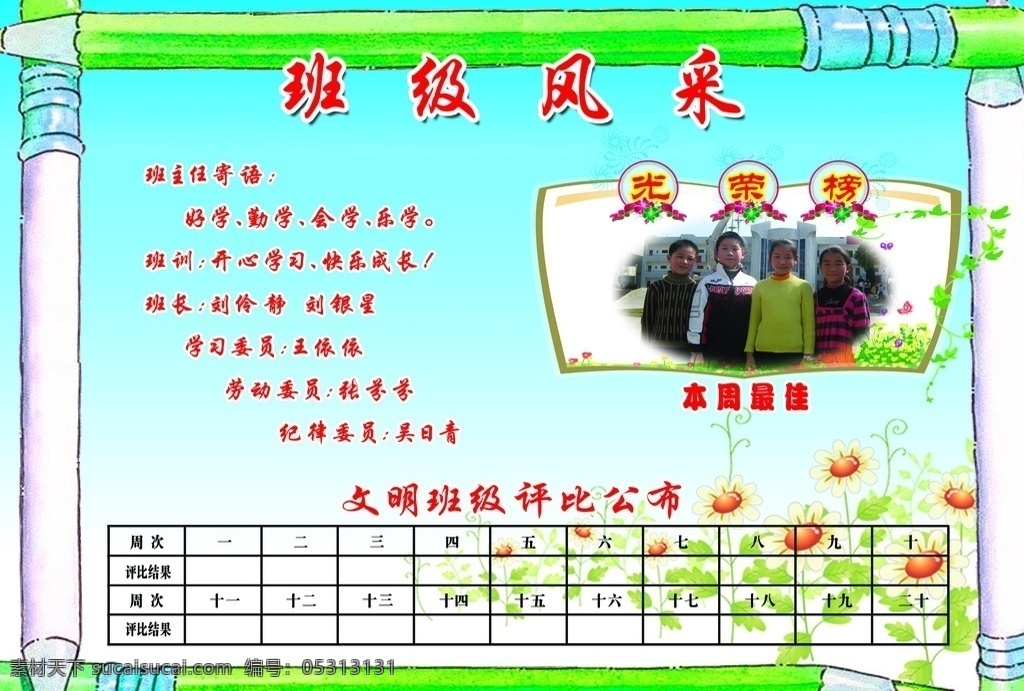 班级 风采 栏 精美 模板 精美铅笔 蓝天 花儿 小花 绿叶 菊花 花藤 光荣榜 花地 小学生展板 展板模板 广告设计模板 源文件