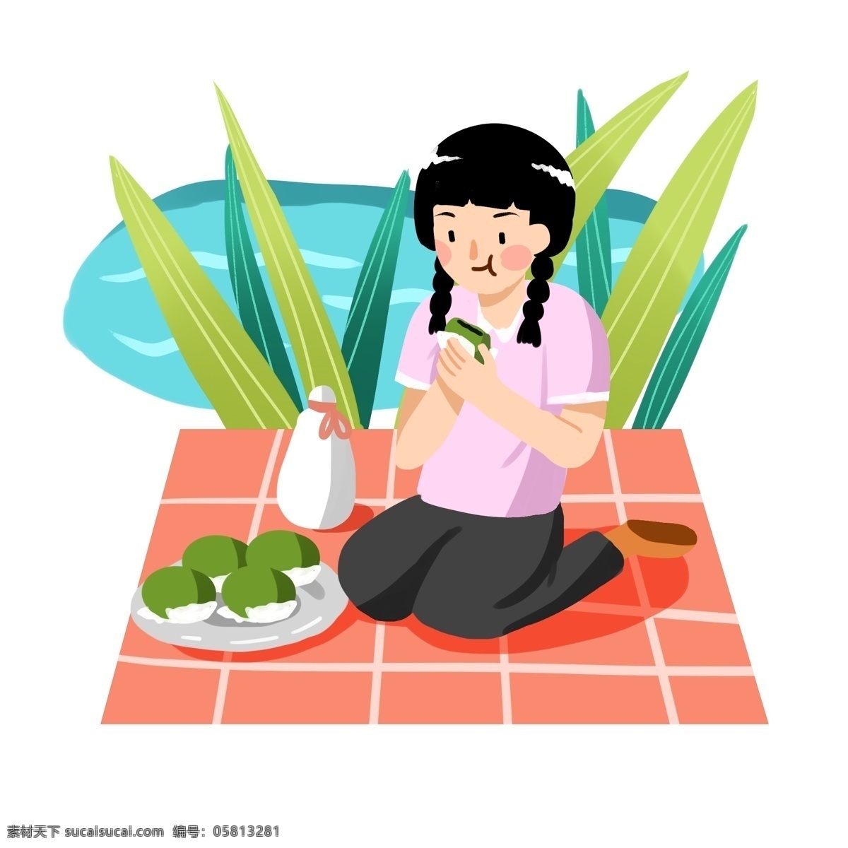 清明 吃 青团 女孩 插画 人物 合集 吃青团的女孩 卡通人物 植物装饰 河流河水 酒壶青团插画