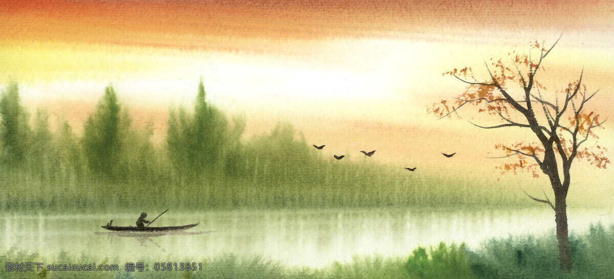 高精度 水彩 意境 图 水彩画 鸟 草地 美术 绘画 树木 河流 天空 房子 石头 文化艺术 绘画书法 设计图库