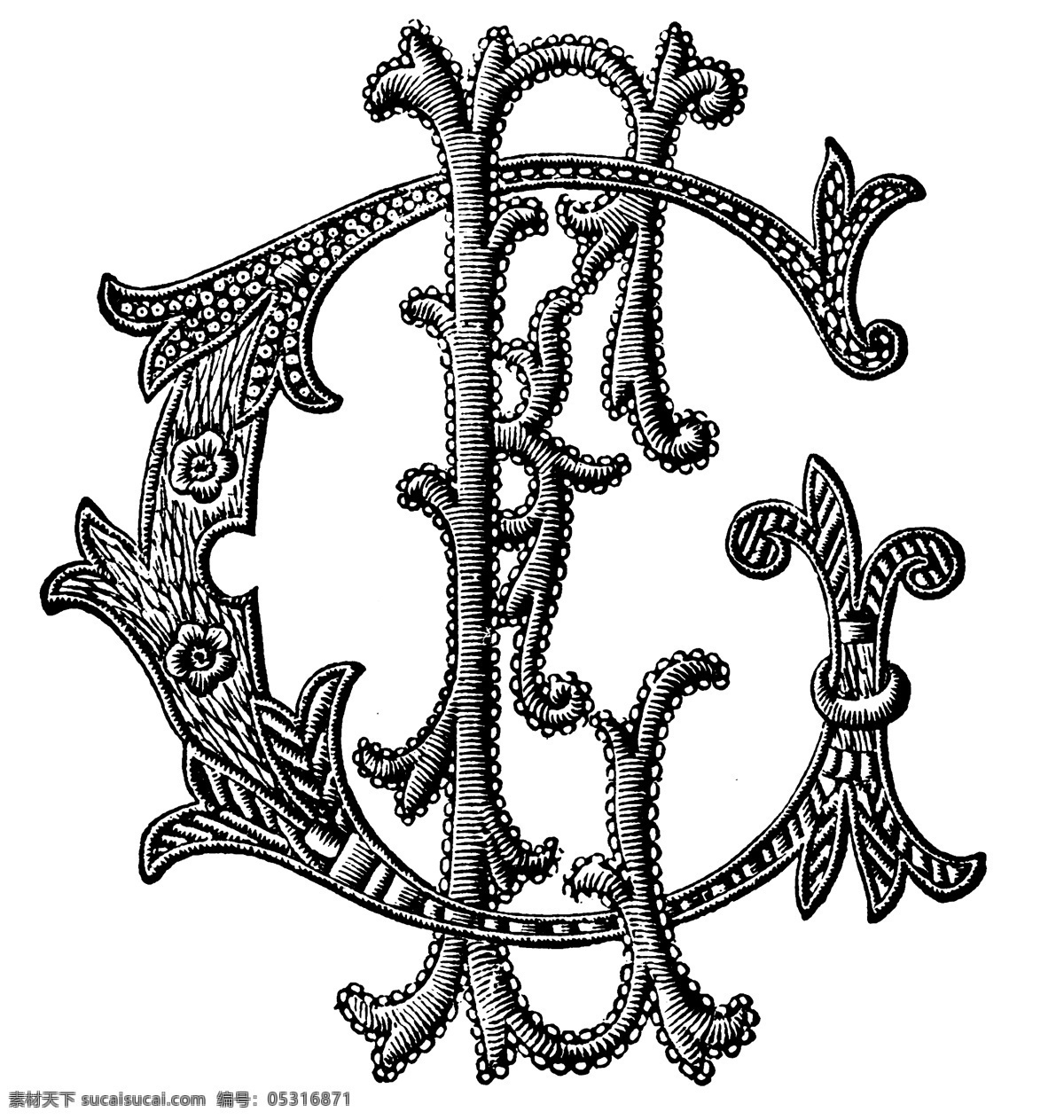 黑白 花边 纹样 英文 字母 植物 线条 花卉 服装边饰 刺绣 英文字母 绳子 绘画书法 文化艺术