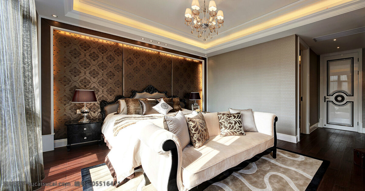 现代 轻 奢 卧室 深色 花纹 背景 墙 室内装修 效果图 卧室装修 木地板 浅色地毯 金色吊灯