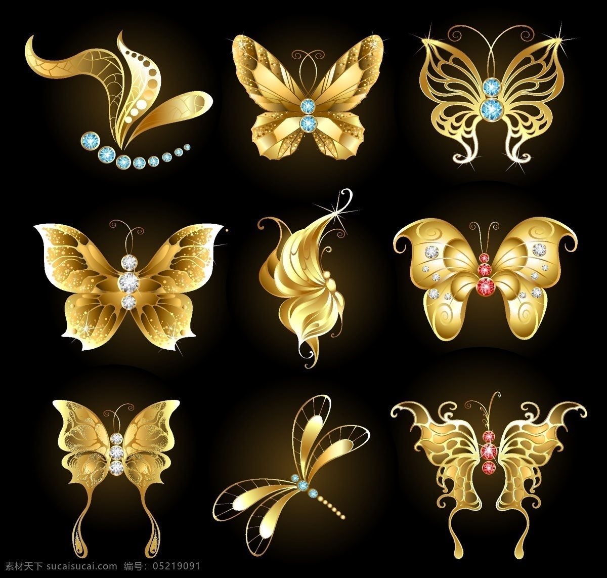 精美金质昆虫 珠宝首饰 金色蝴蝶 钻石 宝石 金色蜻蜓 黄金质感 生物
