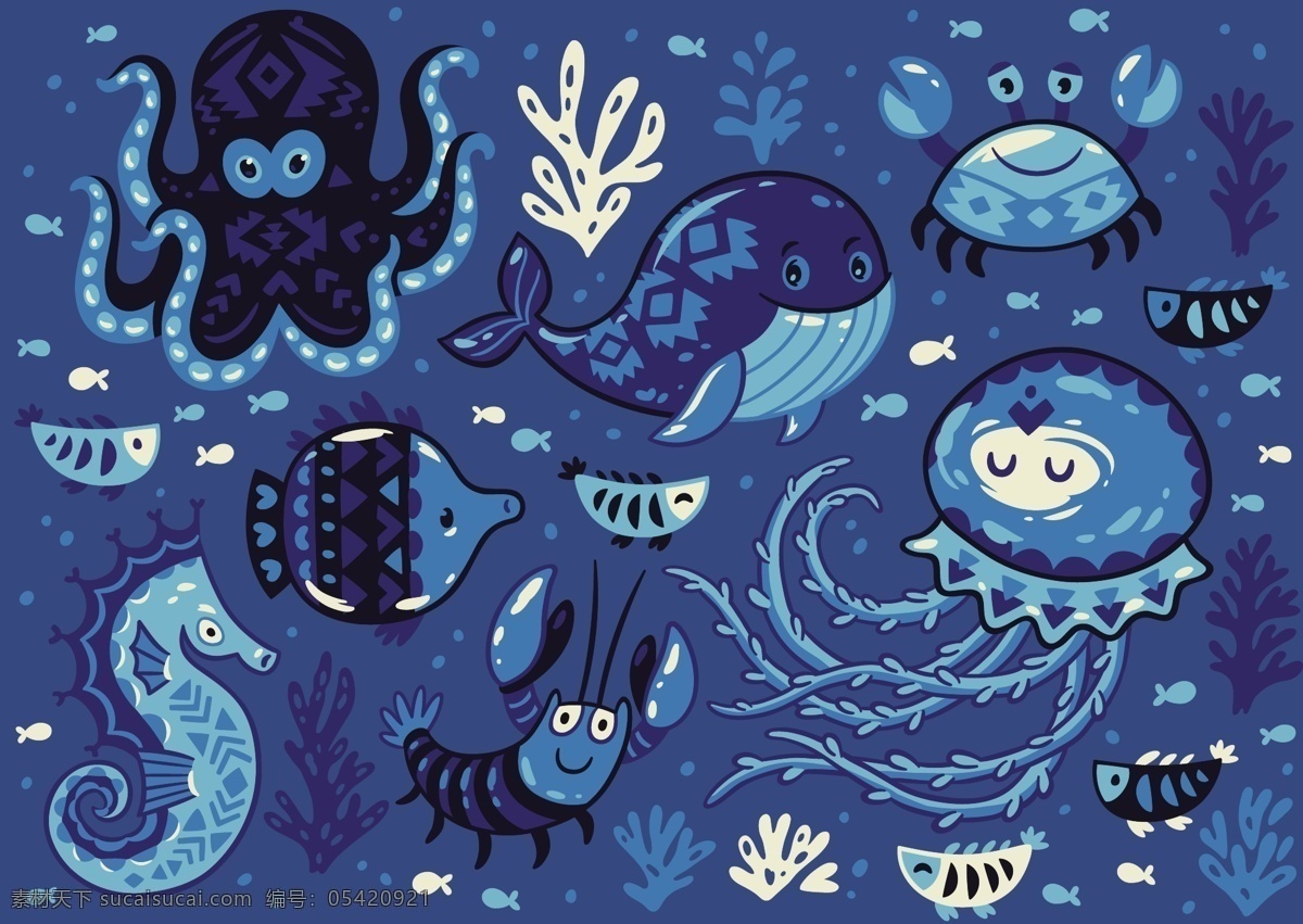 蓝色 卡通 可爱 海洋生物 插画 海洋 生物 章鱼 海马