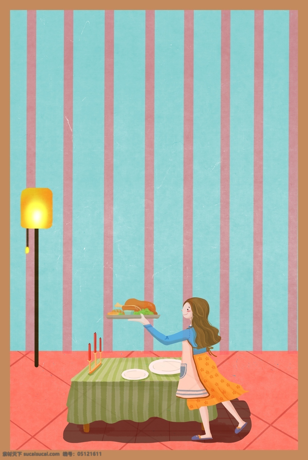 插 画风 美食 做饭 女生 海报 插画风 做饭女生 简约 条纹 文艺 温馨