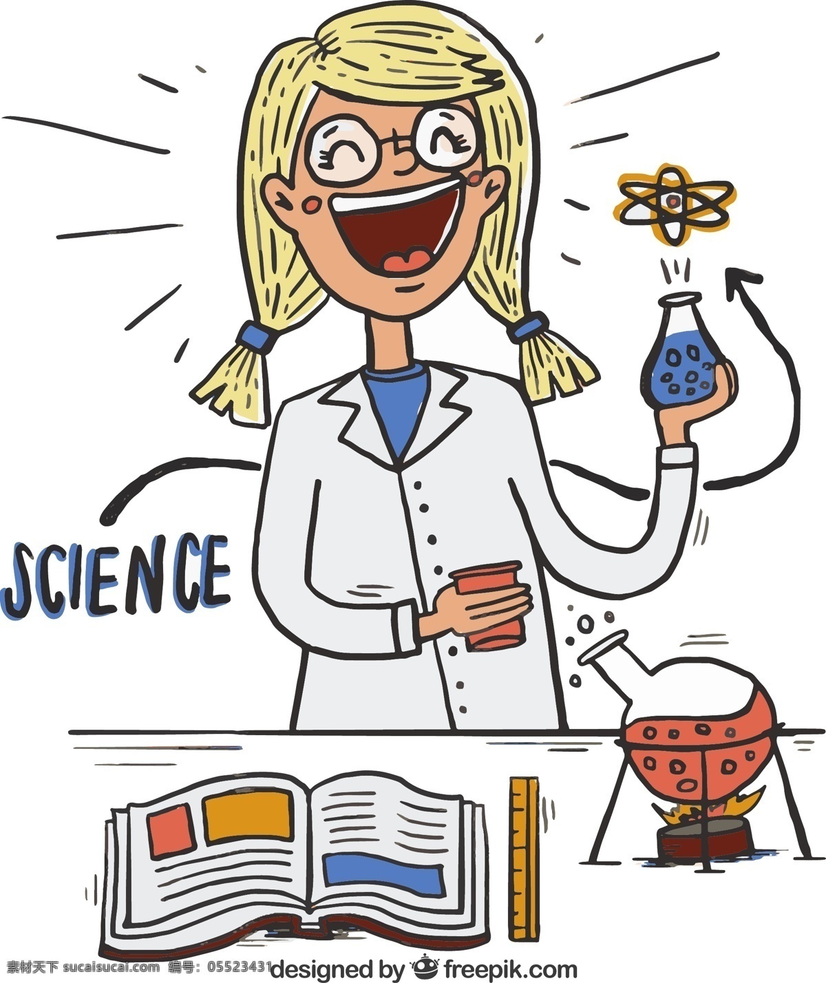 大笑 科学 女郎 矢量 科学符号 实验 女子 人物 笑 尺子 书本 矢量图