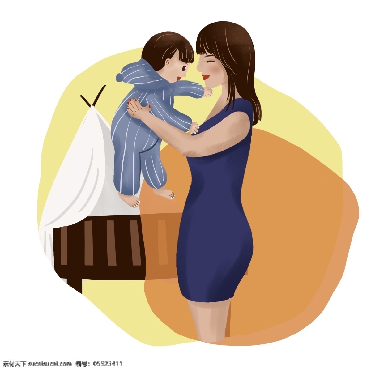 母亲节 妈妈 抱 孩子 画面 手绘 元素 宝宝 有爱 温暖 幸福 开心 爱 婴儿 婴儿床 母亲 拥抱 陪伴 呵护 成长