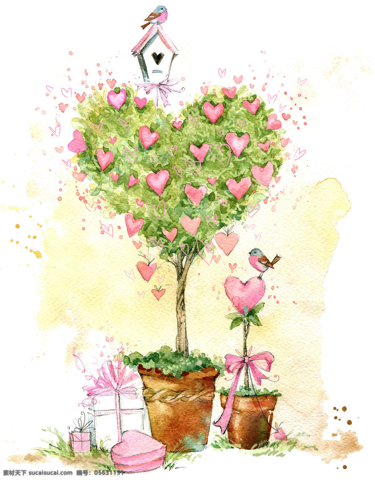爱心 水彩 树 手绘花 水彩花 素材花 数码印花 大牌花 爱心树 水彩树 分层