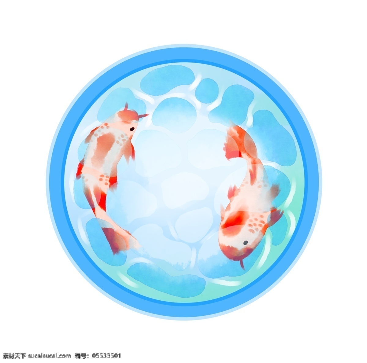 手绘 蓝色 圆形 鱼池 插画 手绘鱼池 蓝色鱼池插画 圆形鱼池 蓝色鱼缸 漂亮的鱼池 水中游动的鱼 鱼池中的金鱼