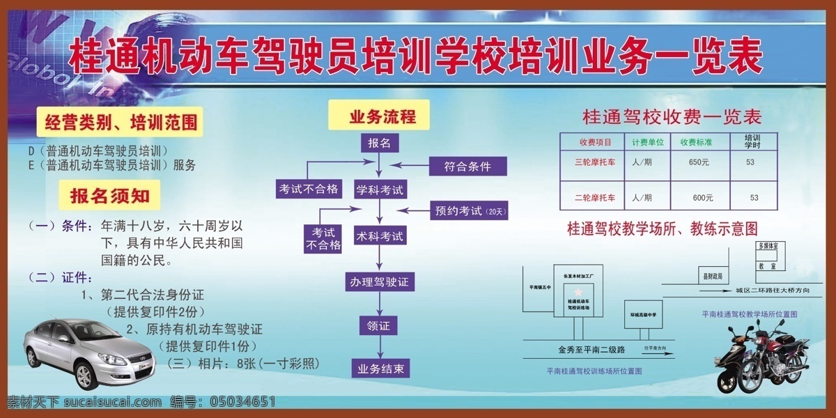 广告设计模板 机动车 教练 摩托车 培训 培训学校 汽车 示意图 驾驶员 一览表 培训业务 报名须知 收费 业务流程 展板模板 源文件 海报 企业文化海报