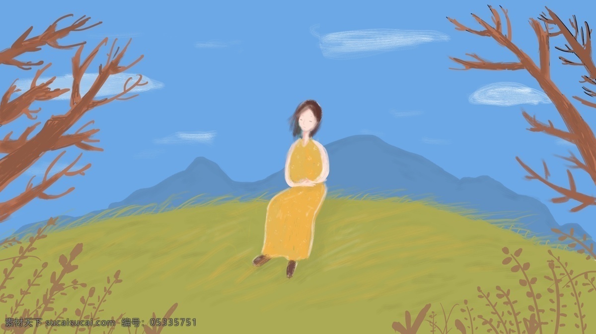 坐在 草坡 上 女孩 蓝天白云 植物 远山 壁纸 树 背景 配图