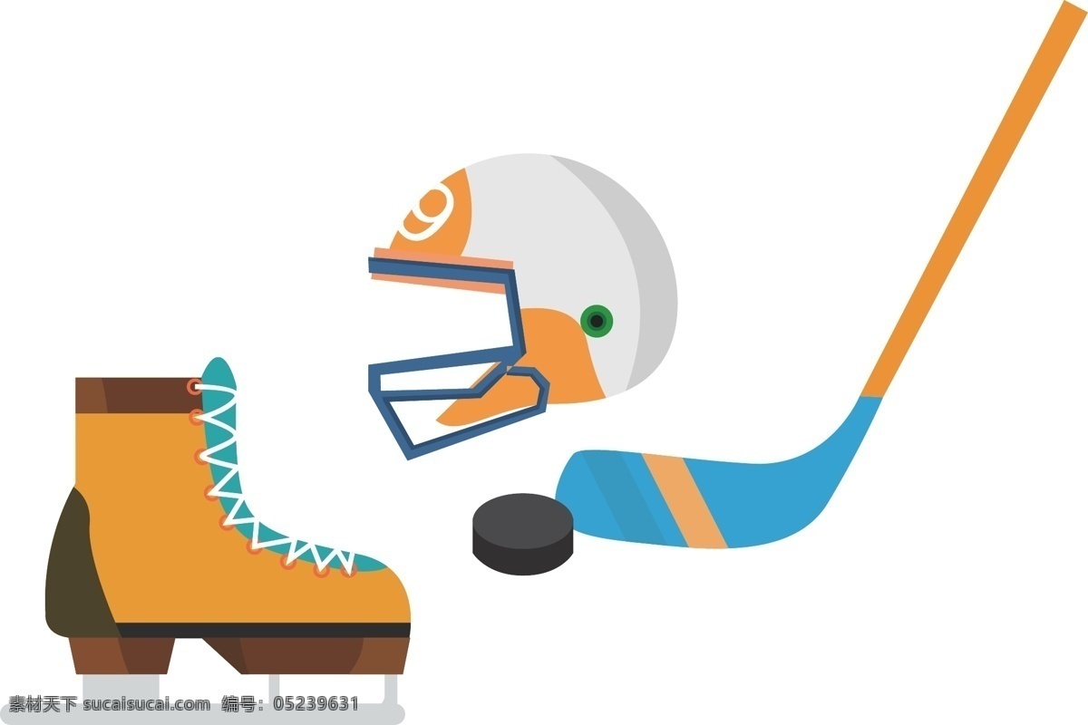 冰球运动插画 运动 冰球 球杆 头盔 滑冰鞋 生活百科 体育用品