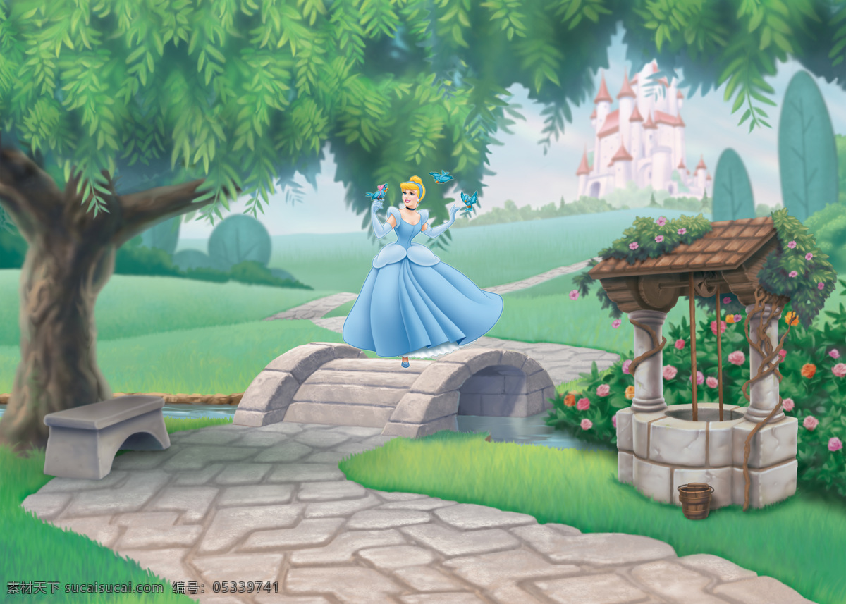 白雪公主 卡通背景 森林 大树 公主 城堡 草地 道路 动漫人物 动漫动画