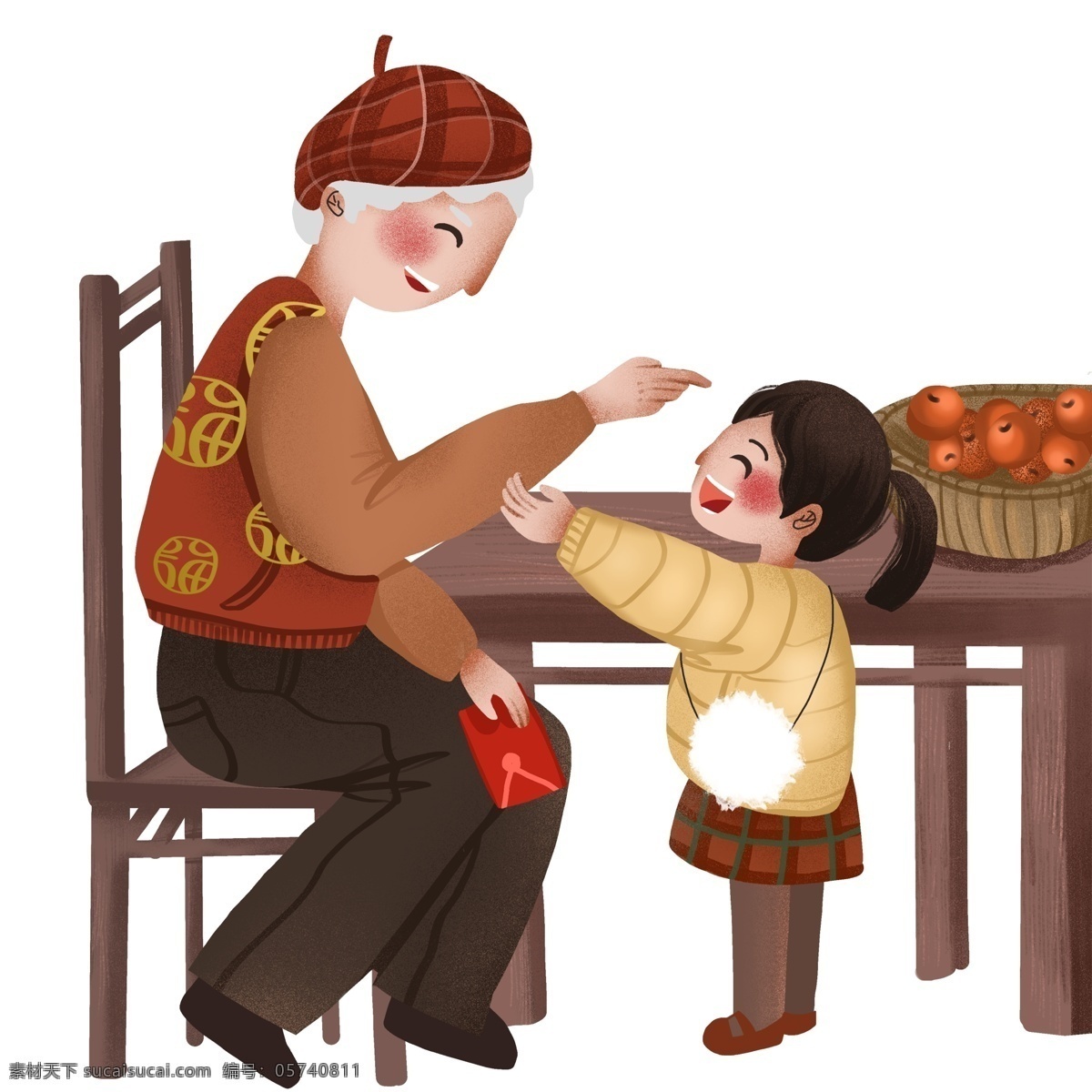 喜庆 手绘 过年 孙女 红包 场景 插画 人物 小孩 老人 老奶奶 新年 给红包